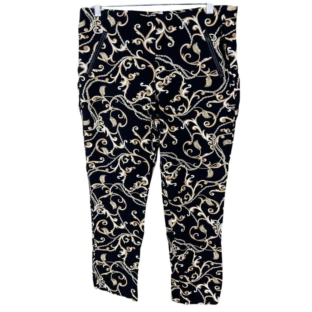 Chicos So-Slimming Juliet Baroque Scroll Black & Gold Print Ankle Pants Sz 10